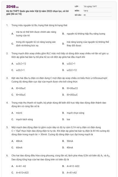 Đề thi THPT Quốc gia môn Vật lý năm 2022 chọn lọc, có lời giải (Đề số 16)