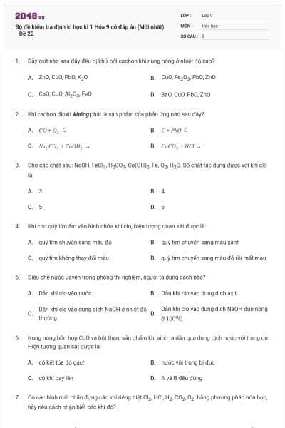 Bộ đề kiểm tra định kì học kì 1 Hóa 9 có đáp án (Mới nhất) - Đề 22