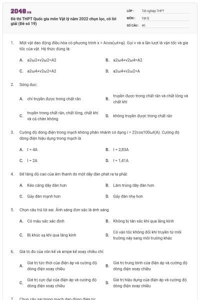 Đề thi THPT Quốc gia môn Vật lý năm 2022 chọn lọc, có lời giải (Đề số 19)