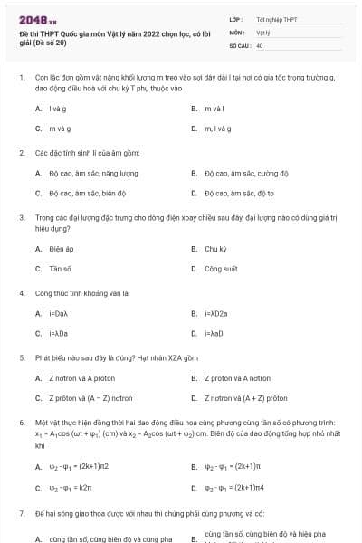 Đề thi THPT Quốc gia môn Vật lý năm 2022 chọn lọc, có lời giải (Đề số 20)
