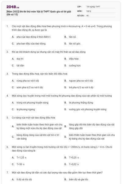 [Năm 2022] Đề thi thử môn Vật lý THPT Quốc gia có lời giải (Đề số 15)