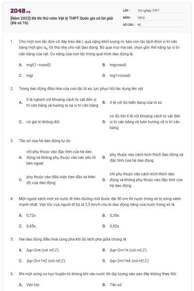 [Năm 2022] Đề thi thử môn Vật lý THPT Quốc gia có lời giải (Đề số 16)