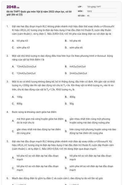 Đề thi THPT Quốc gia môn Vật lý năm 2022 chọn lọc, có lời giải (Đề số 23)