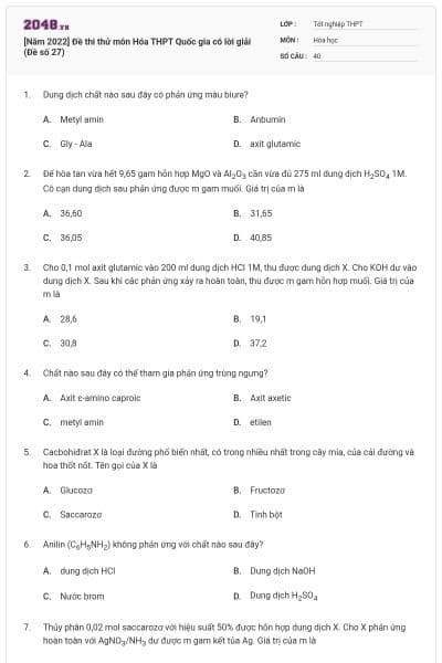 [Năm 2022] Đề thi thử môn Hóa THPT Quốc gia có lời giải (Đề số 27)