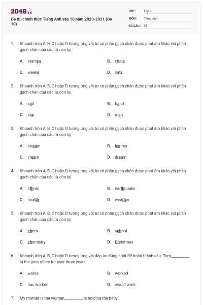 Đề thi chính thức Tiếng Anh vào 10 năm 2020-2021 (Đề 10)
