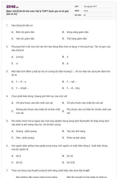 [Năm 2022] Đề thi thử môn Vật lý THPT Quốc gia có lời giải (Đề số 22)
