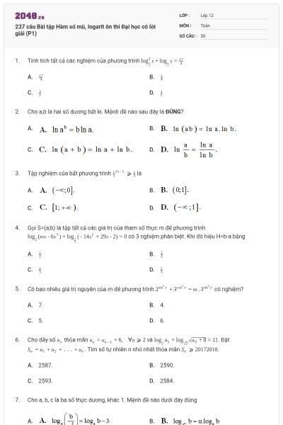 237 câu Bài tập Hàm số mũ, logarit ôn thi Đại học có lời giải (P1)