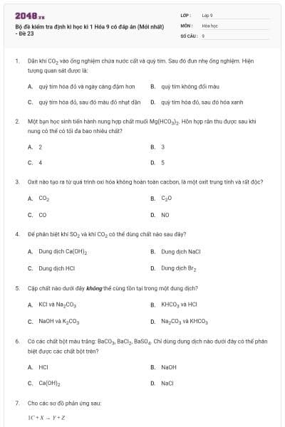 Bộ đề kiểm tra định kì học kì 1 Hóa 9 có đáp án (Mới nhất) - Đề 23