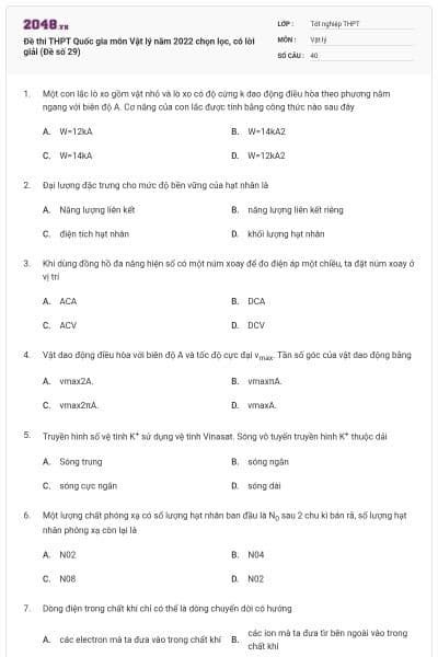 Đề thi THPT Quốc gia môn Vật lý năm 2022 chọn lọc, có lời giải (Đề số 29)