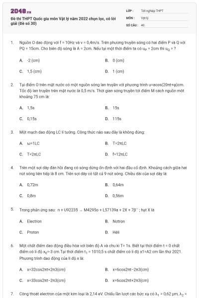 Đề thi THPT Quốc gia môn Vật lý năm 2022 chọn lọc, có lời giải (Đề số 30)
