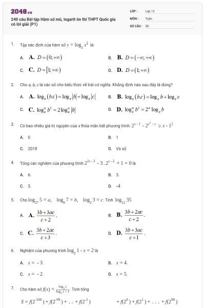 240 câu Bài tập Hàm số mũ, logarit ôn thi THPT Quốc gia có lời giải (P1)