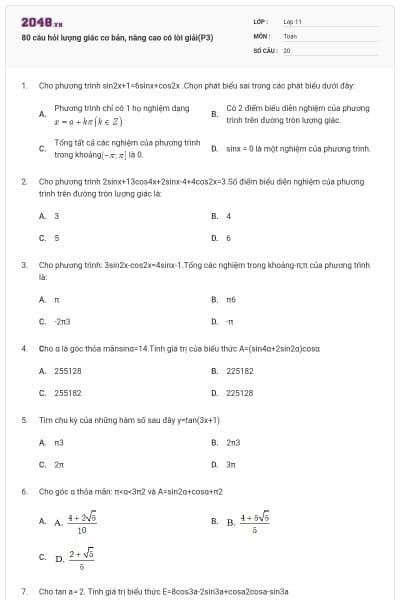 80 câu hỏi lượng giác cơ bản, nâng cao có lời giải(P3)