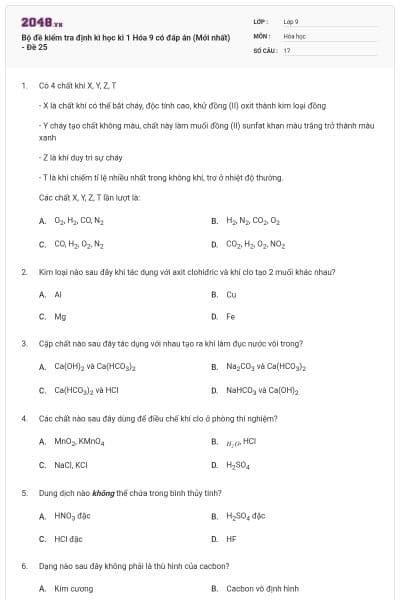 Bộ đề kiểm tra định kì học kì 1 Hóa 9 có đáp án (Mới nhất) - Đề 25