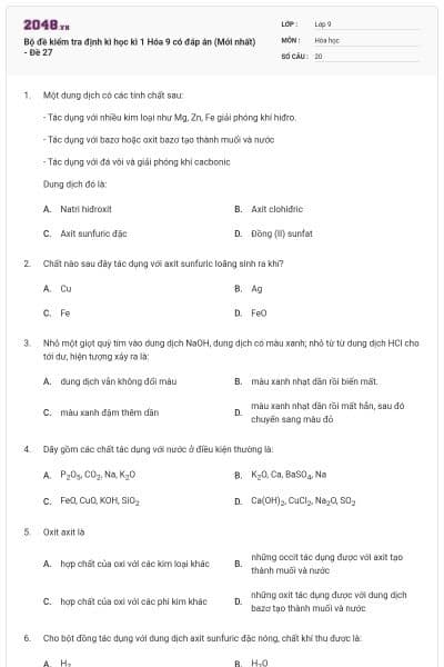 Bộ đề kiểm tra định kì học kì 1 Hóa 9 có đáp án (Mới nhất) - Đề 27