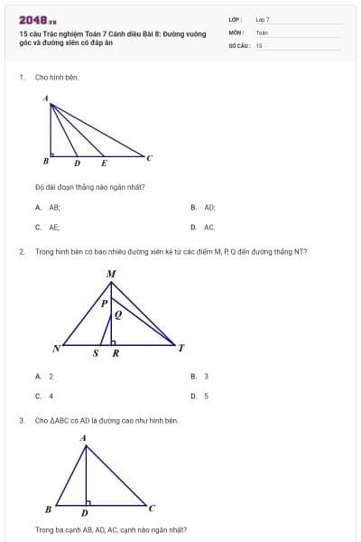 15 câu Trắc nghiệm Toán 7 Cánh diều Bài 8: Đường vuông góc và đường xiên có đáp án