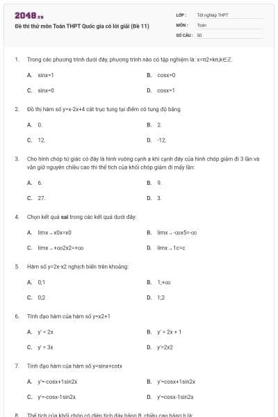 Đề thi thử môn Toán THPT Quốc gia có lời giải (Đề 11)