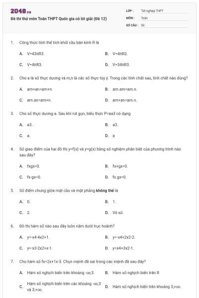 Đề thi thử môn Toán THPT Quốc gia có lời giải (Đề 12)