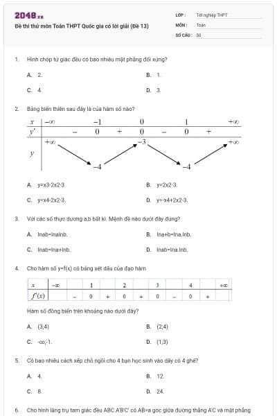 Đề thi thử môn Toán THPT Quốc gia có lời giải (Đề 13)
