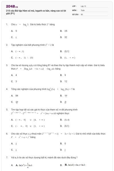 215 câu Bài tập Hàm số mũ, logarit cơ bản, nâng cao có lời giải (P1)