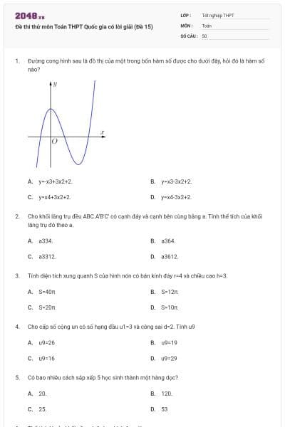 Đề thi thử môn Toán THPT Quốc gia có lời giải (Đề 15)