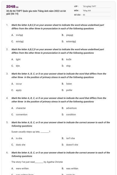 30 đề thi THPT Quốc gia môn Tiếng Anh năm 2022 có lời giải (Đề 14)