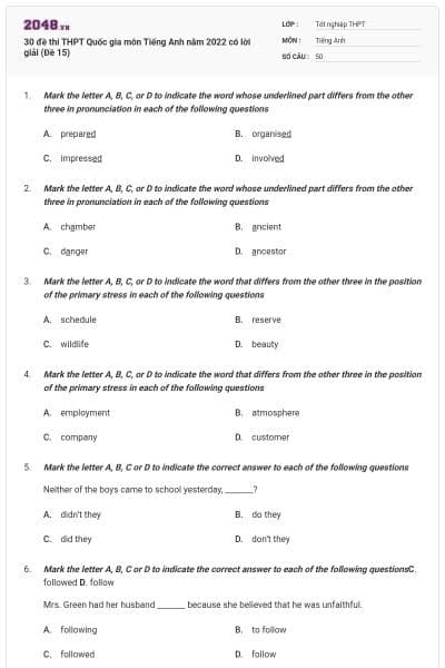 30 đề thi THPT Quốc gia môn Tiếng Anh năm 2022 có lời giải (Đề 15)