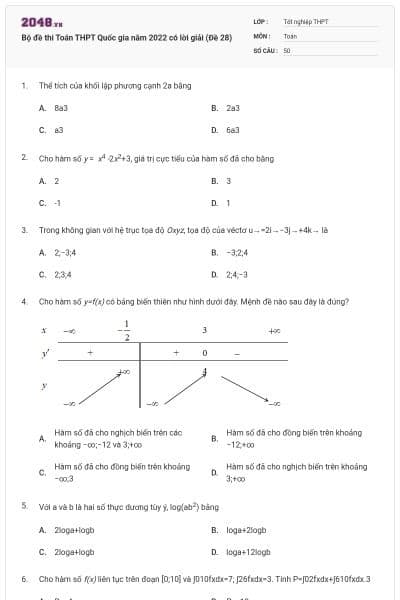 Bộ đề thi Toán THPT Quốc gia năm 2022 có lời giải (Đề 28)