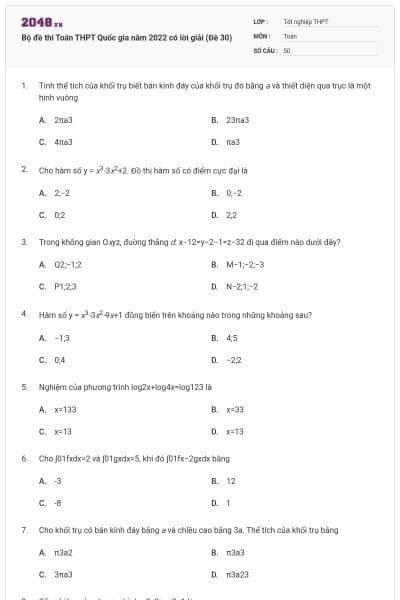 Bộ đề thi Toán THPT Quốc gia năm 2022 có lời giải (Đề 30)