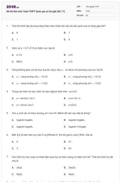 Đề thi thử môn Toán THPT Quốc gia có lời giải (Đề 17)