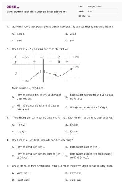 Đề thi thử môn Toán THPT Quốc gia có lời giải (Đề 18)