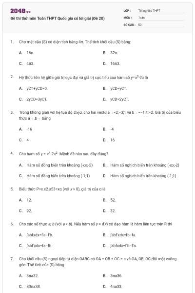 Đề thi thử môn Toán THPT Quốc gia có lời giải (Đề 20)