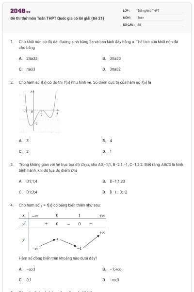 Đề thi thử môn Toán THPT Quốc gia có lời giải (Đề 21)