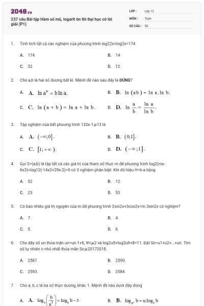 237 câu Bài tập Hàm số mũ, logarit ôn thi Đại học có lời giải (P1)