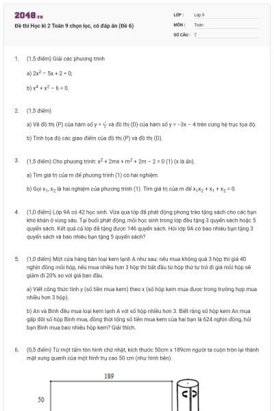 Đề thi Học kì 2 Toán 9 chọn lọc, có đáp án (Đề 6)