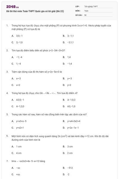Đề thi thử môn Toán THPT Quốc gia có lời giải (Đề 22)