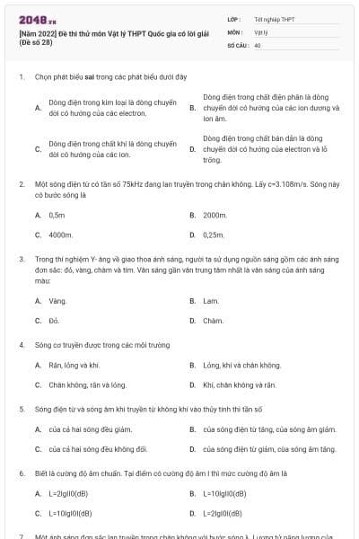 [Năm 2022] Đề thi thử môn Vật lý THPT Quốc gia có lời giải (Đề số 28)