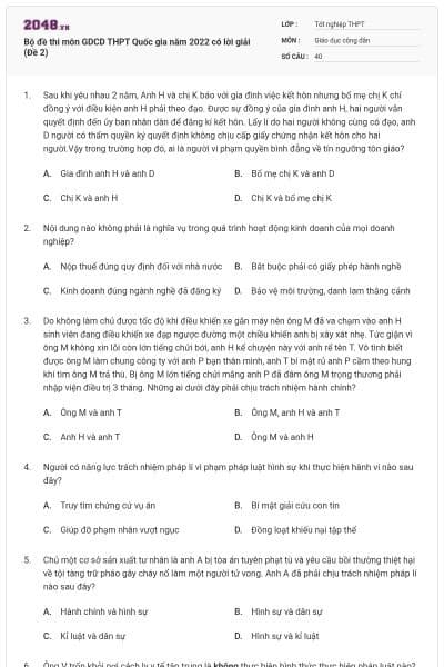 Bộ đề thi môn GDCD THPT Quốc gia năm 2022 có lời giải (Đề 2)