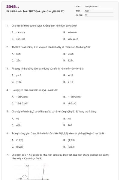 Đề thi thử môn Toán THPT Quốc gia có lời giải (Đề 27)