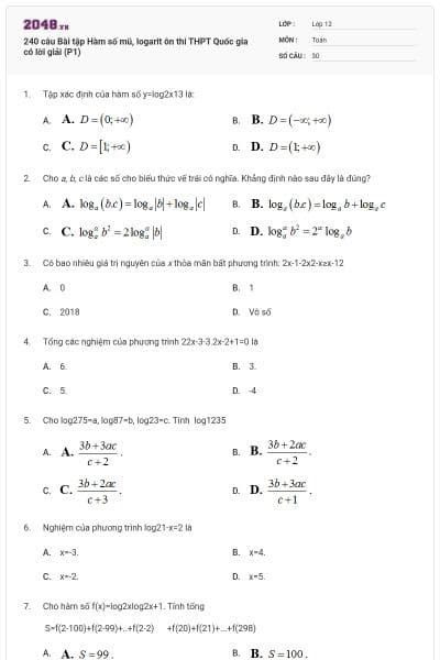 240 câu Bài tập Hàm số mũ, logarit ôn thi THPT Quốc gia có lời giải (P1)