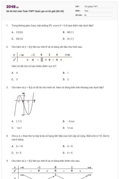 Đề thi thử môn Toán THPT Quốc gia có lời giải (Đề 30)