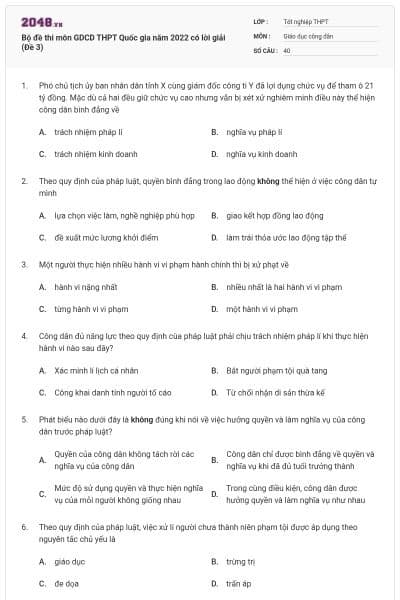 Bộ đề thi môn GDCD THPT Quốc gia năm 2022 có lời giải (Đề 3)