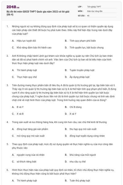 Bộ đề thi môn GDCD THPT Quốc gia năm 2022 có lời giải (Đề 4)