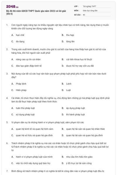 Bộ đề thi môn GDCD THPT Quốc gia năm 2022 có lời giải (Đề 6)