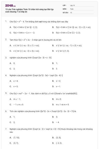 15 câu Trắc nghiệm Toán 10 chân trời sáng tạo Bài tập cuối chương 7 có đáp án