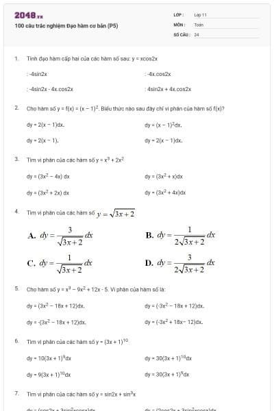 100 câu trắc nghiệm Đạo hàm cơ bản (P5)