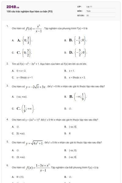 100 câu trắc nghiệm Đạo hàm cơ bản (P3)