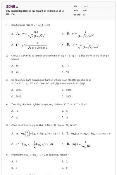 237 câu  Bài tập Hàm số mũ, logarit ôn thi Đại học có lời giải (P2)