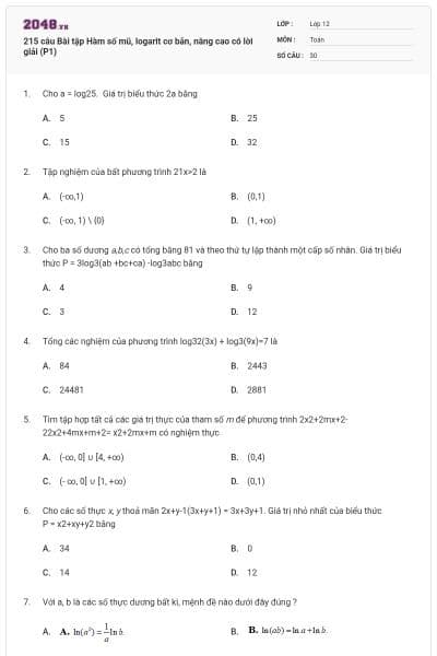 215 câu Bài tập Hàm số mũ, logarit cơ bản, nâng cao có lời giải (P1)
