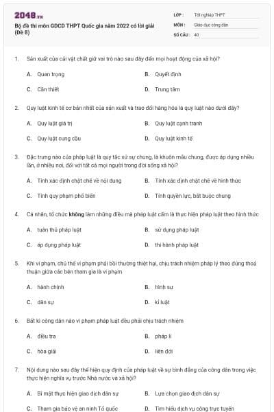 Bộ đề thi môn GDCD THPT Quốc gia năm 2022 có lời giải (Đề 8)