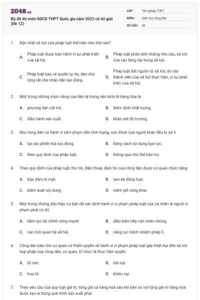 Bộ đề thi môn GDCD THPT Quốc gia năm 2022 có lời giải (Đề 12)